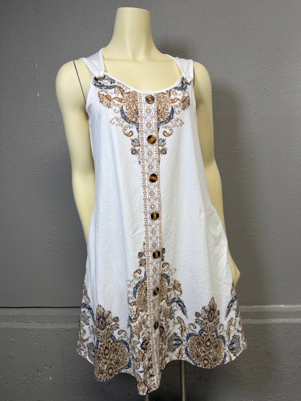 White Sleeveless Boho Button-Front Tunic with Brown Paisley Trim